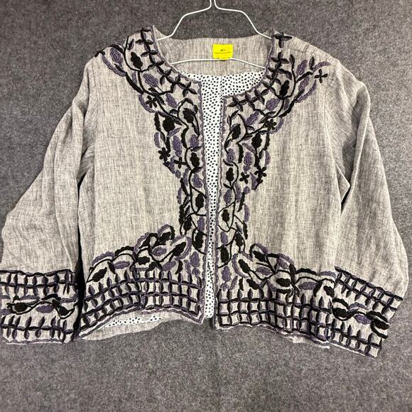 Roberta‎ Roller Rabbit 100% Linen Leaf Embroidered Blazer Cardigan Womens M/L - Picture 1 of 11